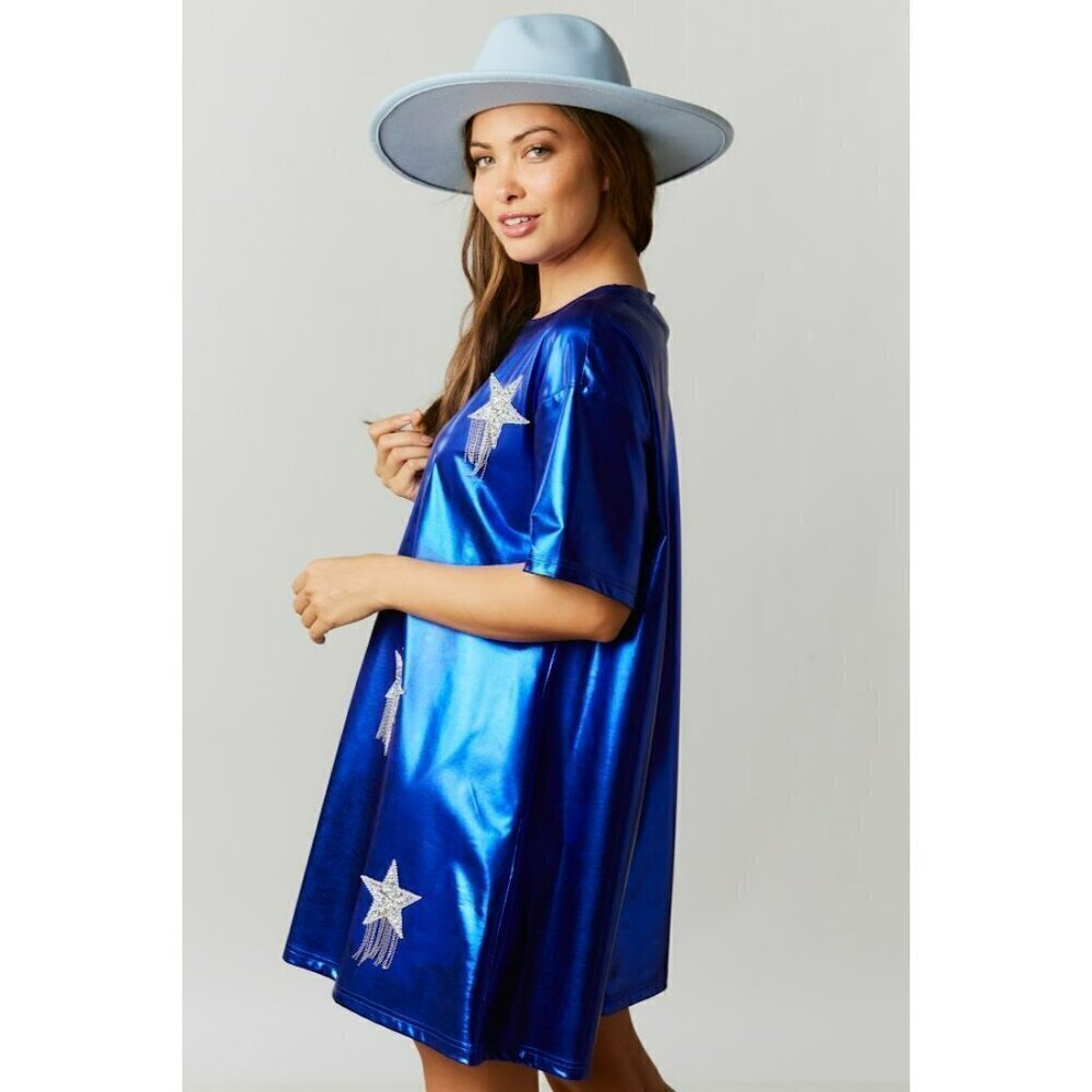Count Your Lucky Stars Metallic Sequin Star Fringe Dress in Blue - Picture 3 of 4